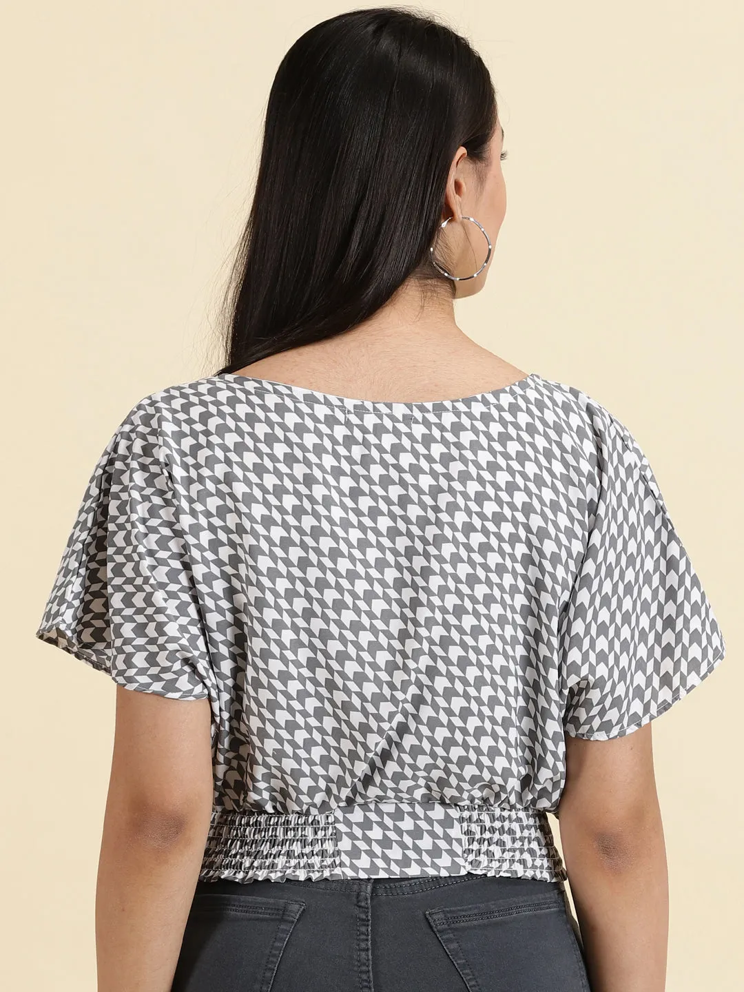 Women's White Checked Boat Neck Crepe Top Perfect Comfort Low carbon footprint