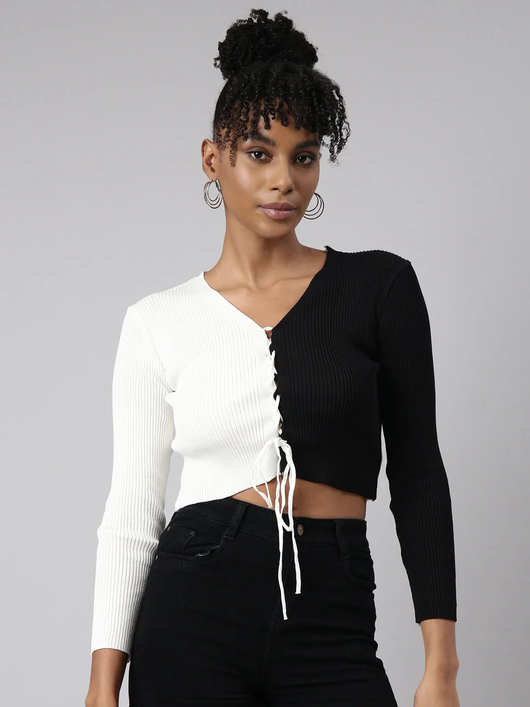 Women's White Colour blocked Fitted Crop Top Comfortable All Day Wear Relaxed and Comfy