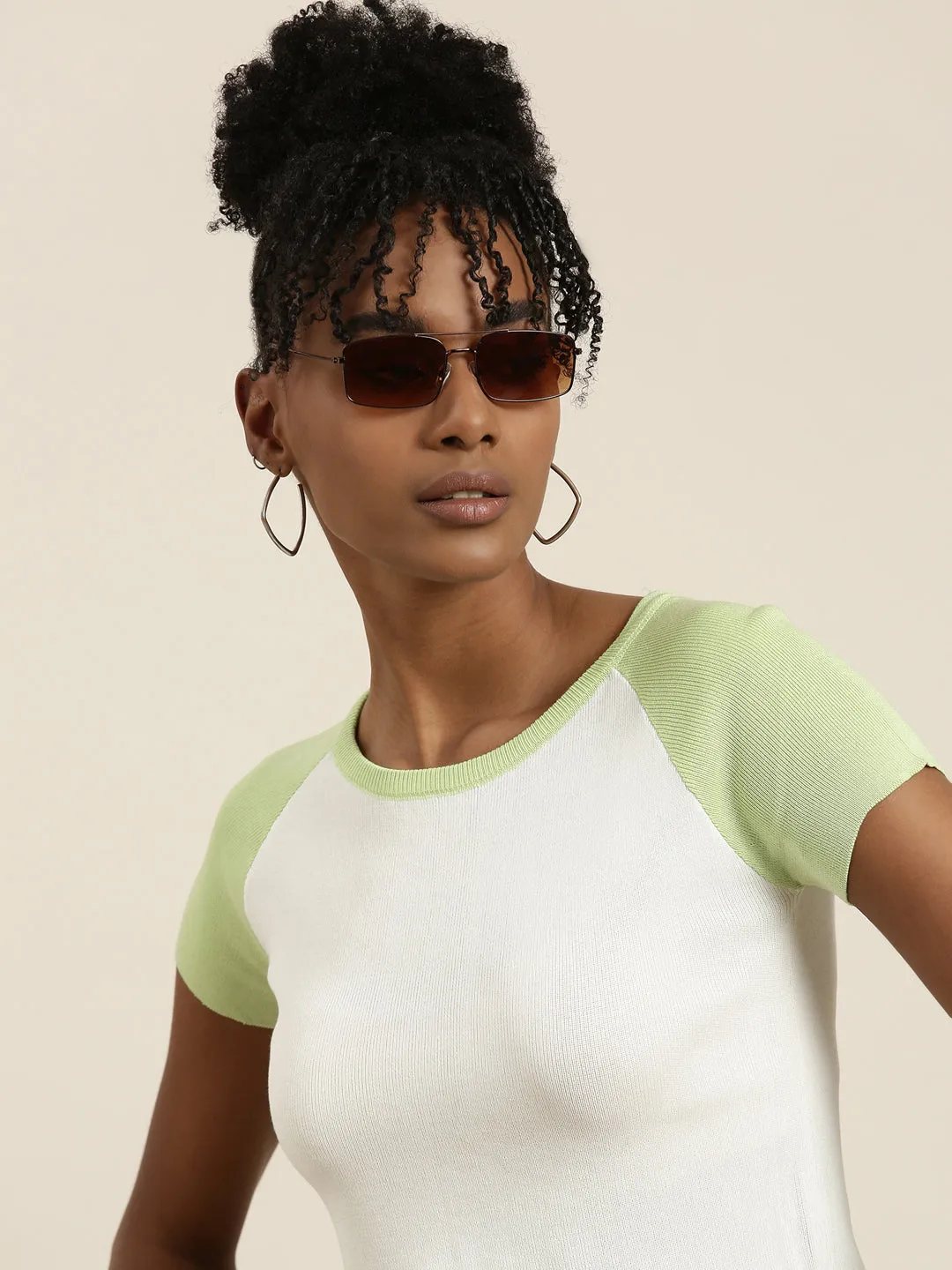 Sustainable Textile Women's White Colour blocked Round Neck Acrylic Top