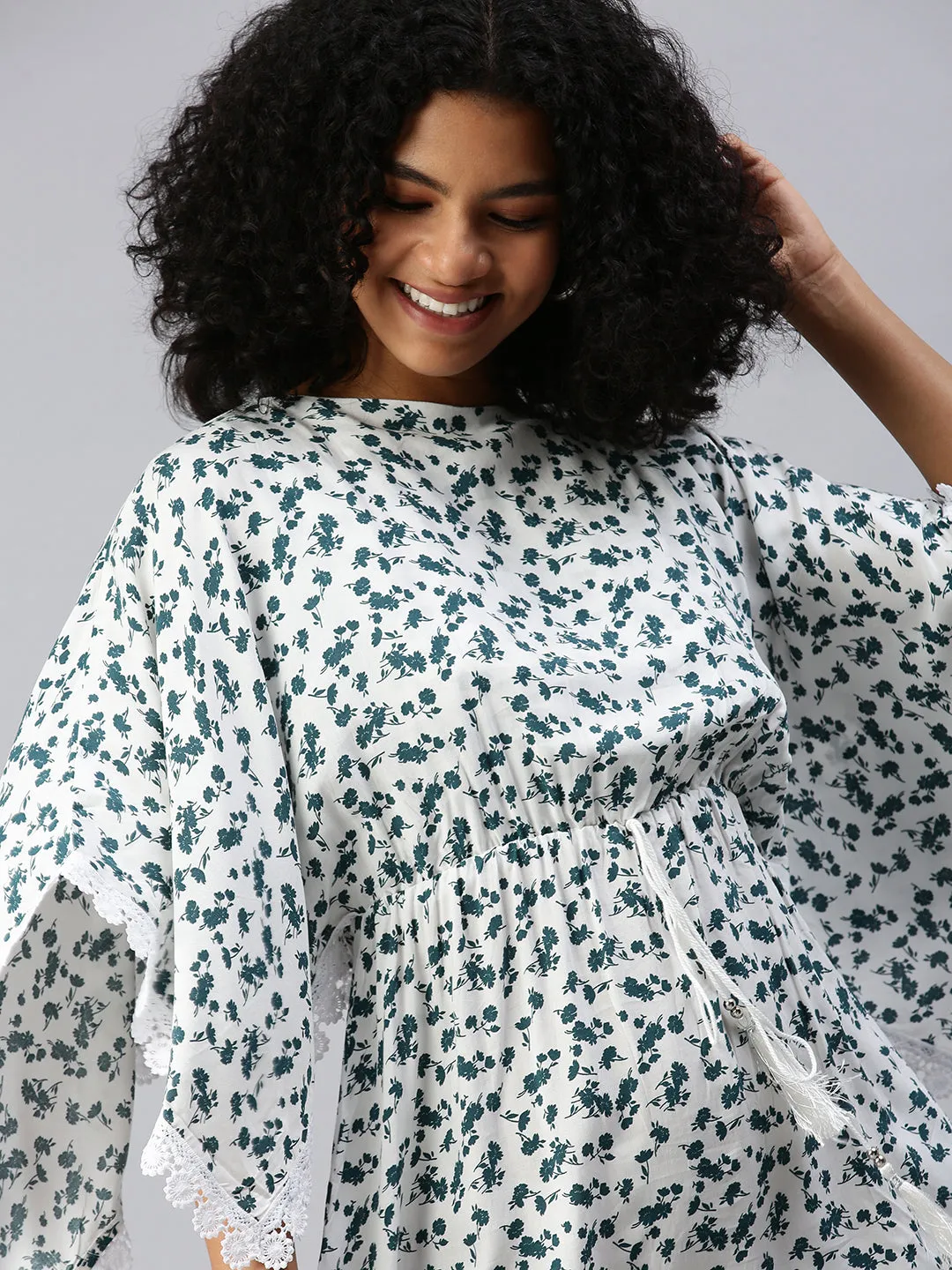 Women's White Floral A-Line Dress Functional Style Fall Fashion