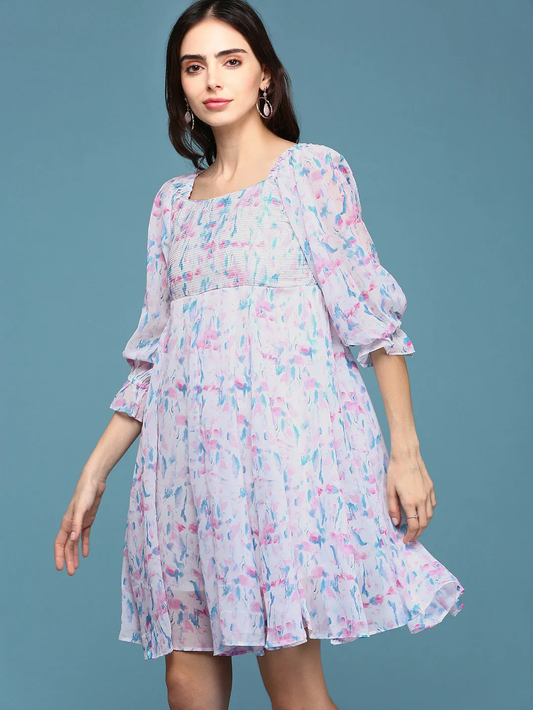Comfy Shape Women's White Floral Chiffon Fit & Flare Dress