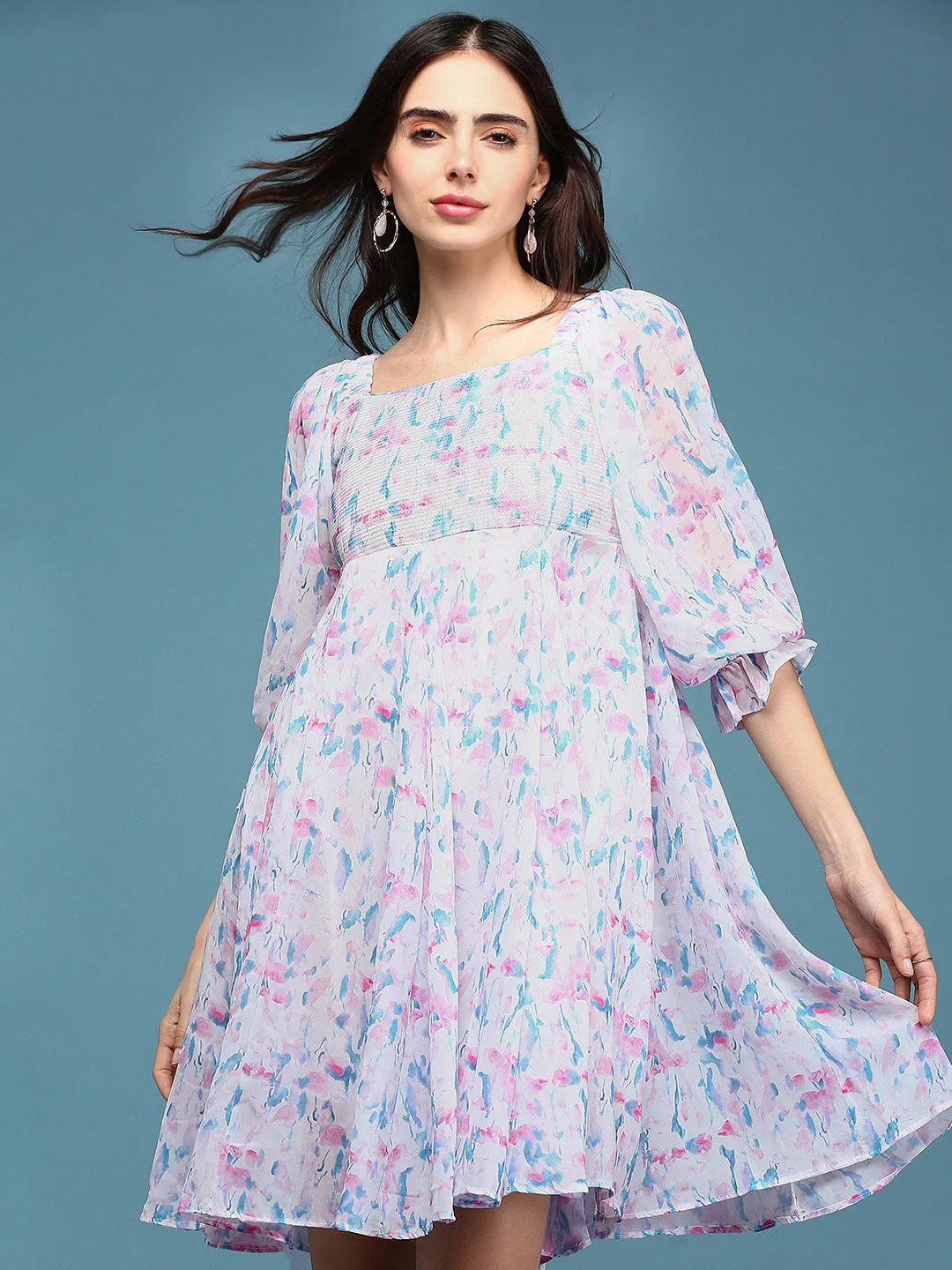 Women's White Floral Chiffon Fit & Flare Dress All Layer