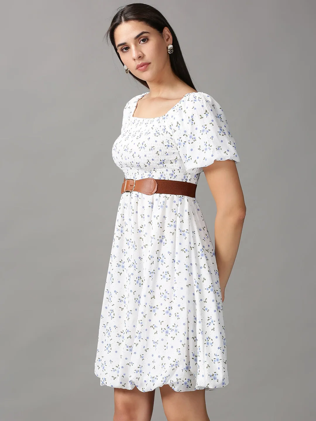 Women's White Floral Chiffon Fit & Flare Dress Day Magic Subtle Texture