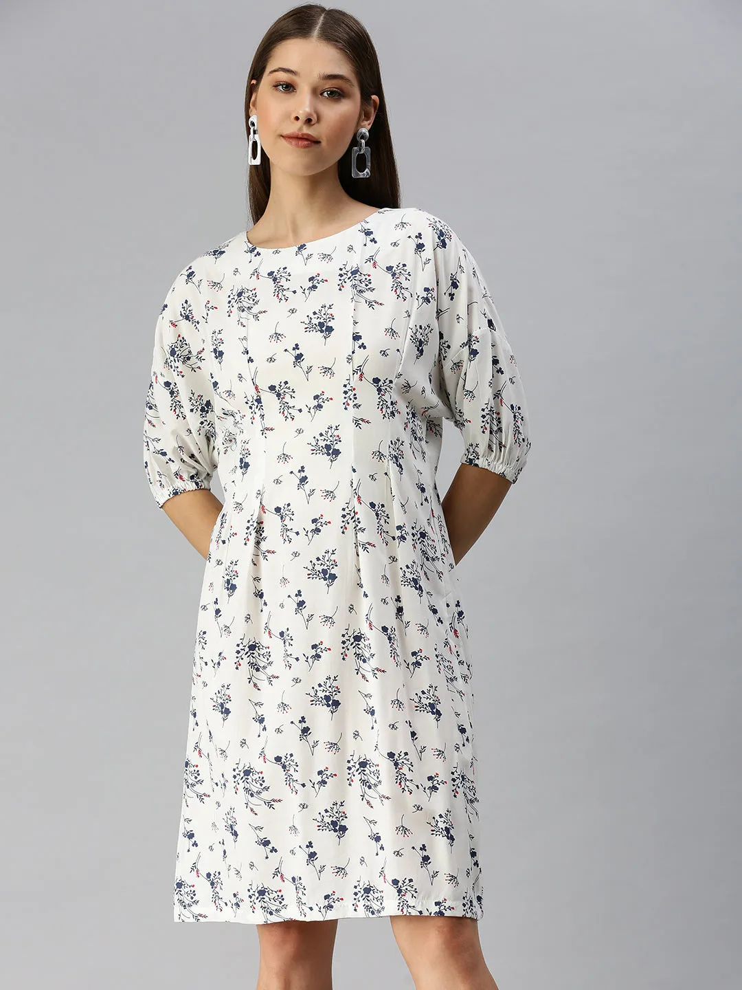 Pocket-Detail Women's White Floral Crepe A-Line Dress