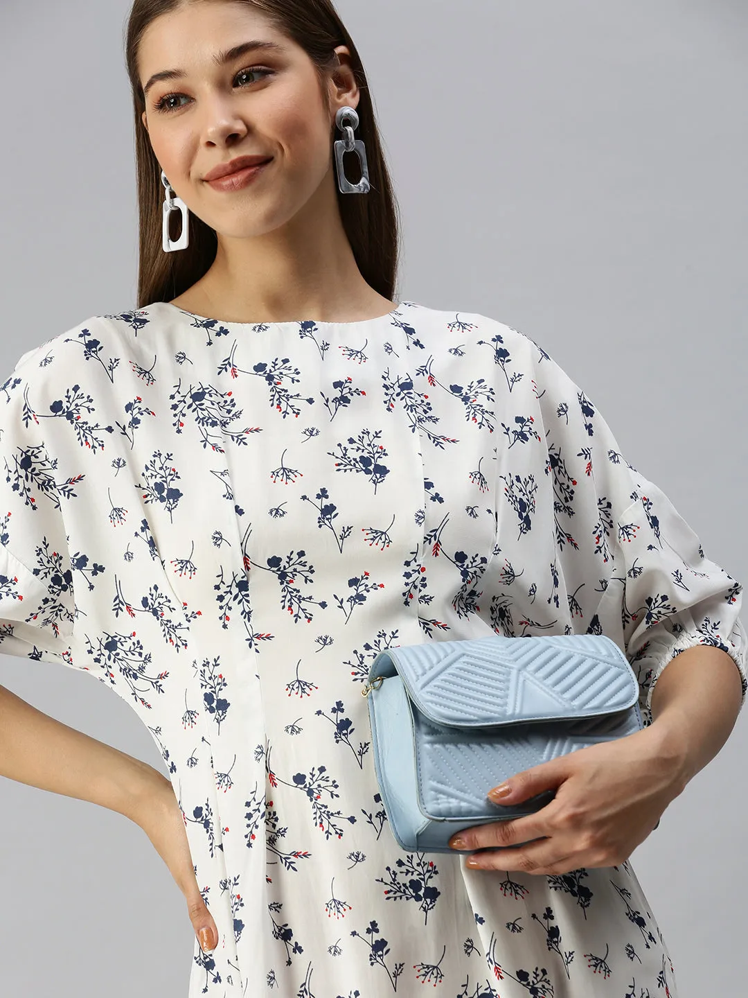 Women's White Floral Crepe A-Line Dress Smart and Elegant Dreamy Touch