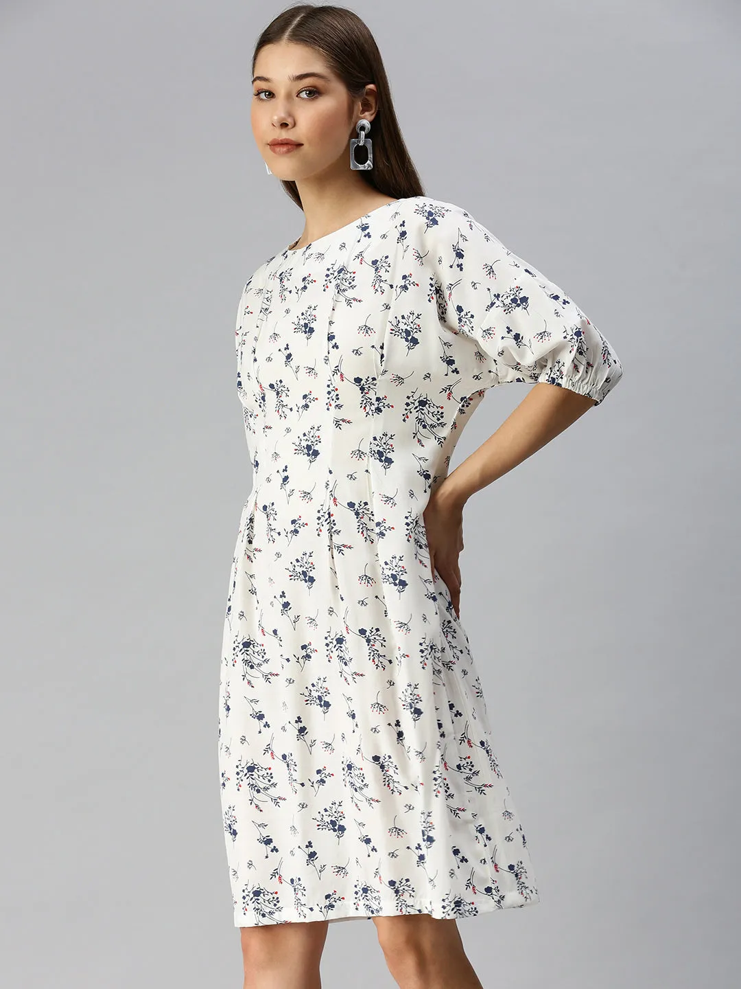Women's White Floral Crepe A-Line Dress Gathered-Detail