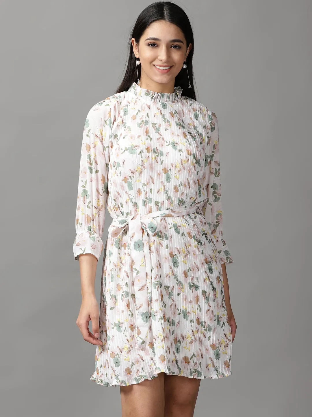 Women's White Floral Printed Fit & Flare Dress Fashion Forward