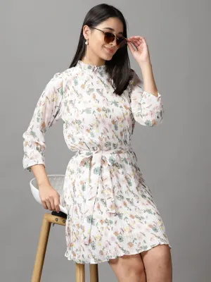Women's White Floral Printed Fit & Flare Dress Minimal Harmony