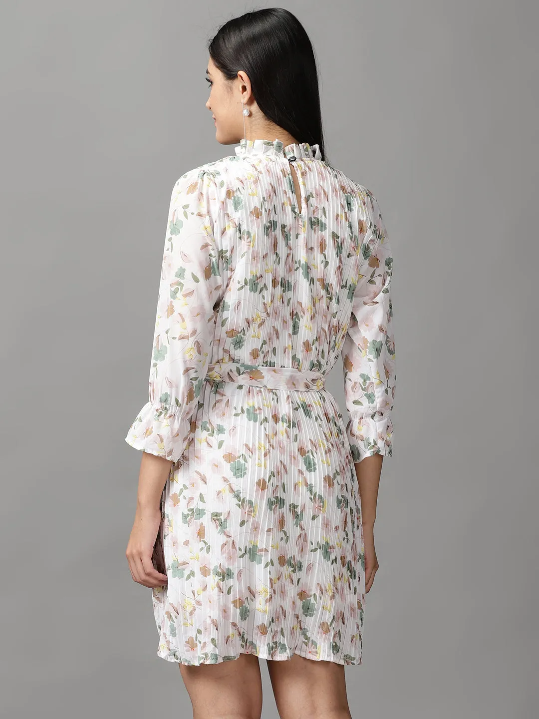 Women's White Floral Printed Fit & Flare Dress Flow Sleeve Dark Tones