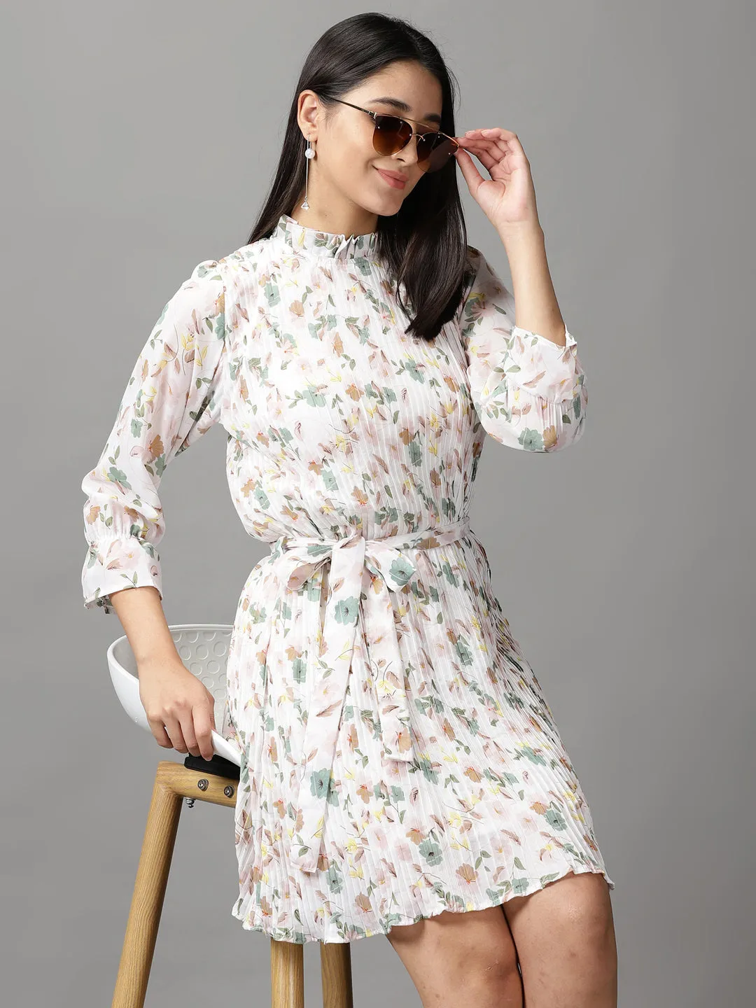 Women's White Floral Printed Fit & Flare Dress Minimal Harmony