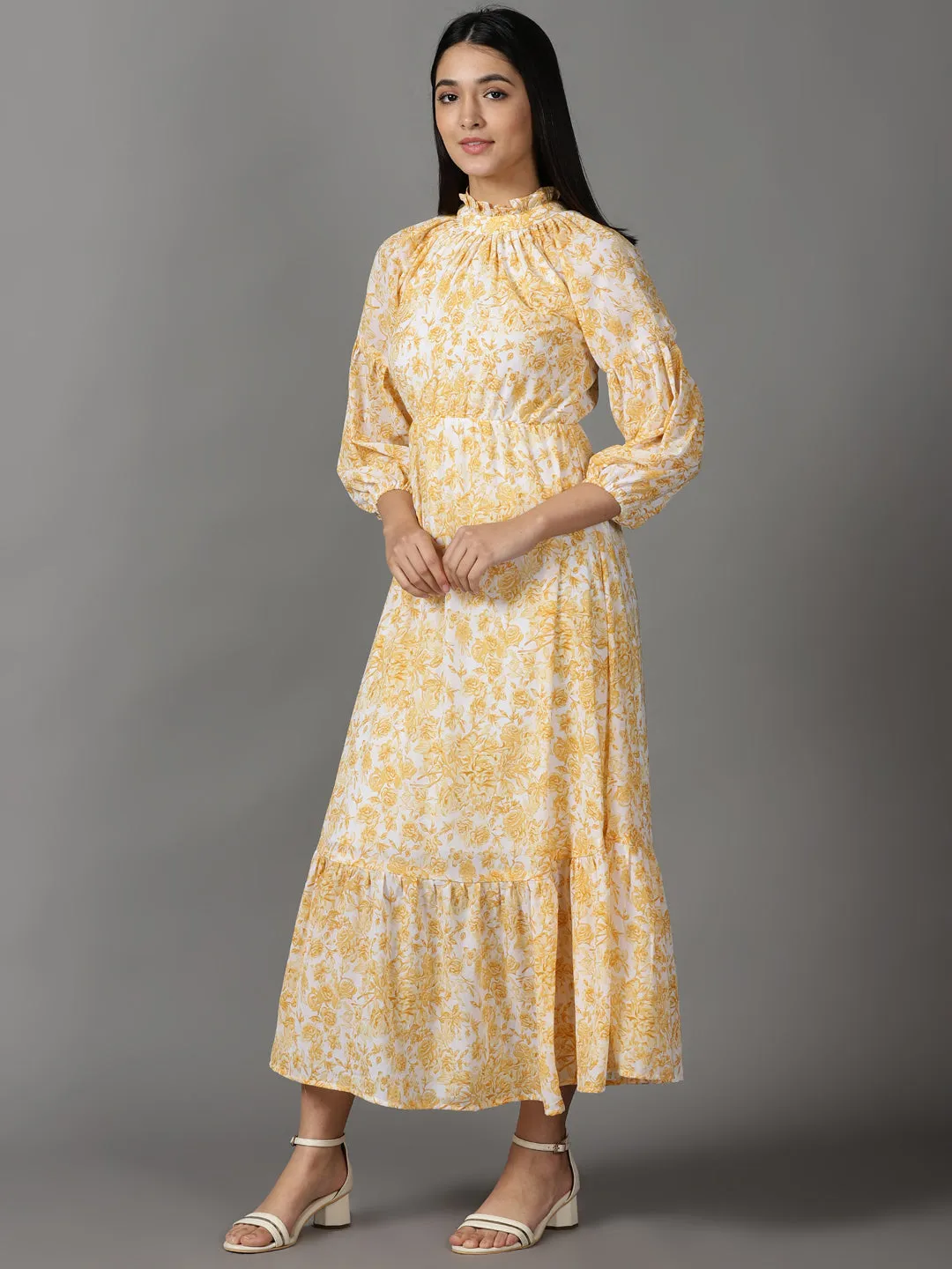 Women's White Floral Printed Fit and Flare Maxi Dress Fresh Energy Minimalist Look