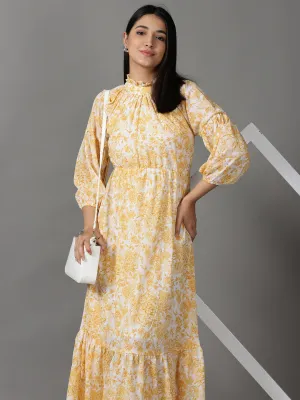 Smart Fabric Water-Repellent-Finish Women's White Floral Printed Fit and Flare Maxi Dress