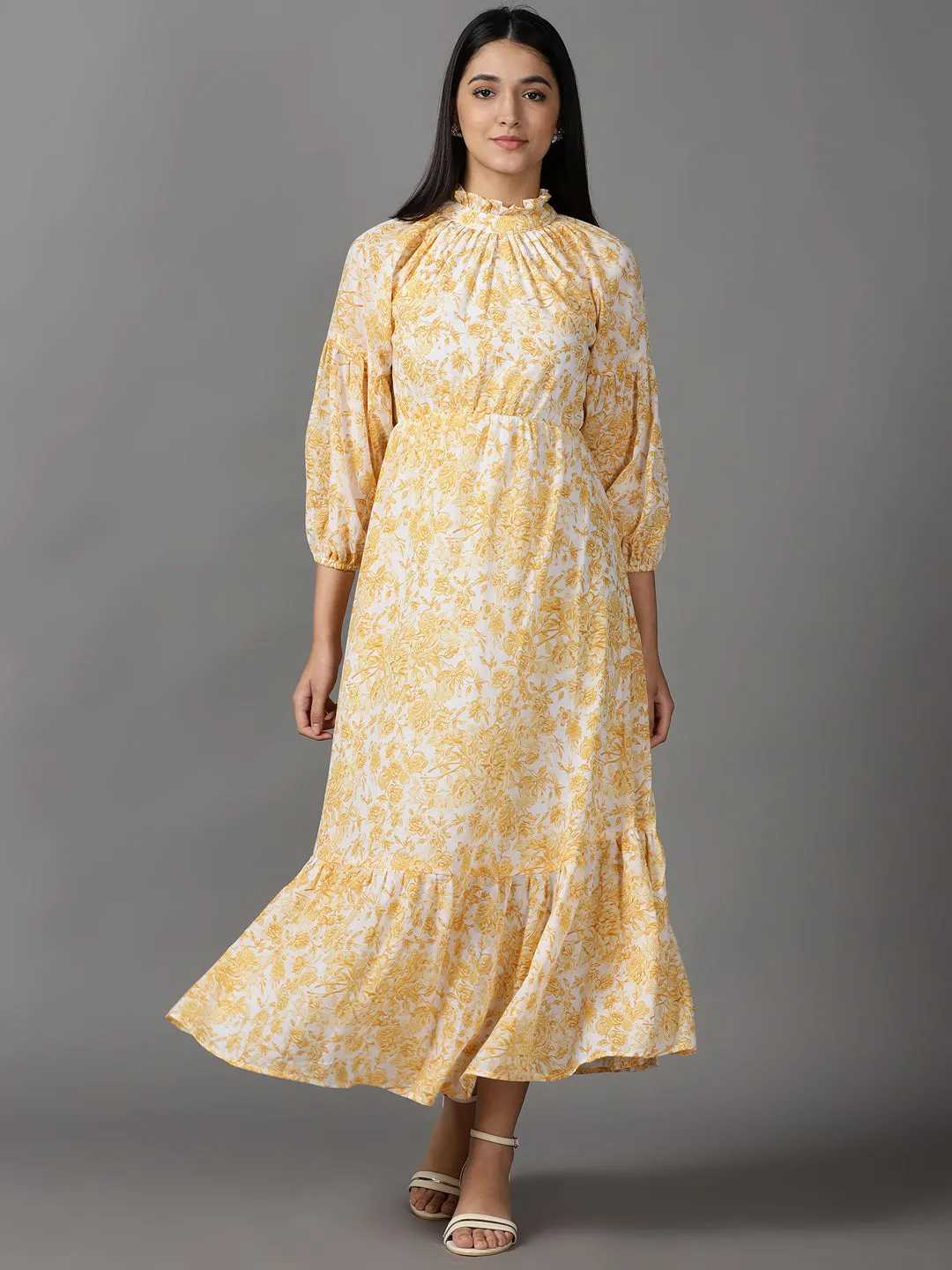 Women's White Floral Printed Fit and Flare Maxi Dress All Daywear