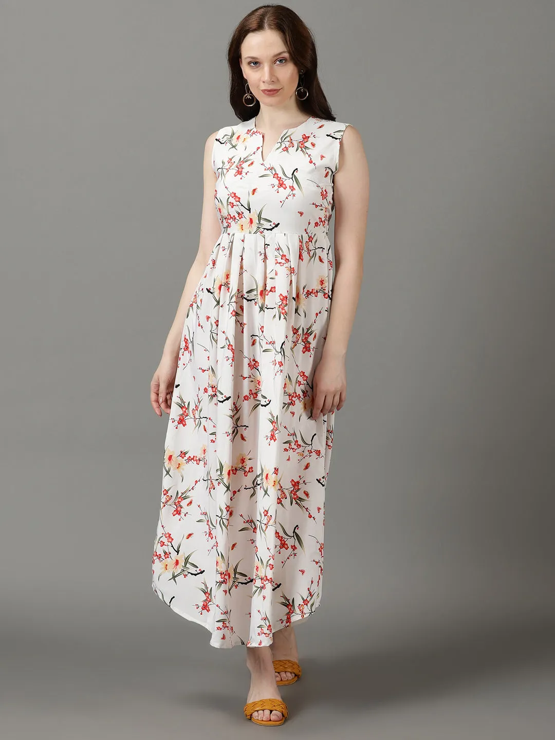 Sleek And Stylish Women's White Floral Printed Notched Neck Gathered Fit & Flare Maxi Dress