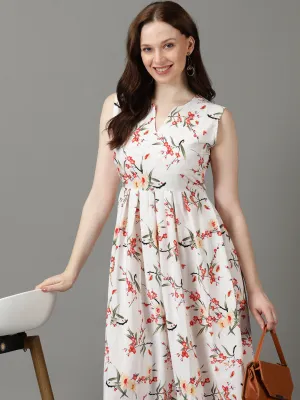 Stylish Mood Fashionable Design Women's White Floral Printed Notched Neck Gathered Fit & Flare Maxi Dress