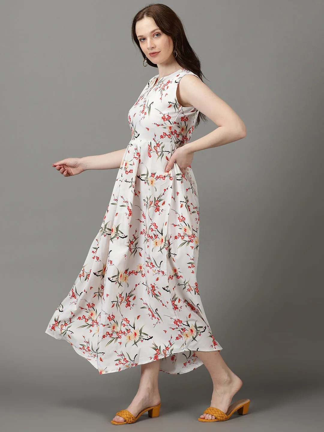 Women's White Floral Printed Notched Neck Gathered Fit & Flare Maxi Dress All-Occasion Wear