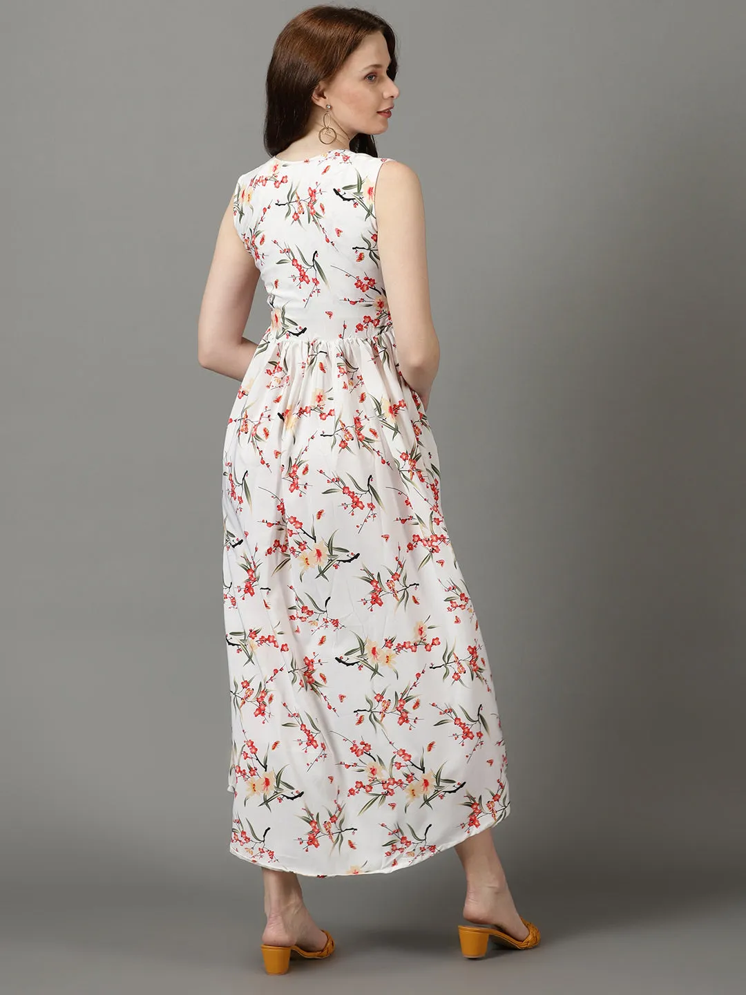 cut out Women's White Floral Printed Notched Neck Gathered Fit & Flare Maxi Dress