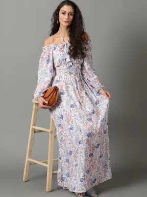 Relax Cut Summer-Season Women's White Floral Printed Off-Shoulder Puff Sleeves Gathered Fit & Flare Maxi Dress