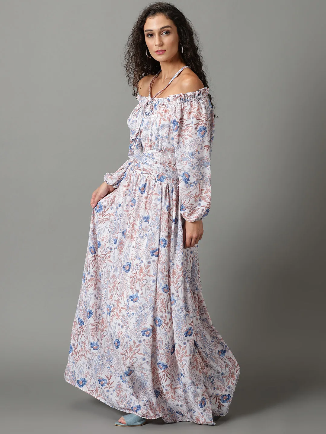 Comfortable Shape Women's White Floral Printed Off-Shoulder Puff Sleeves Gathered Fit & Flare Maxi Dress