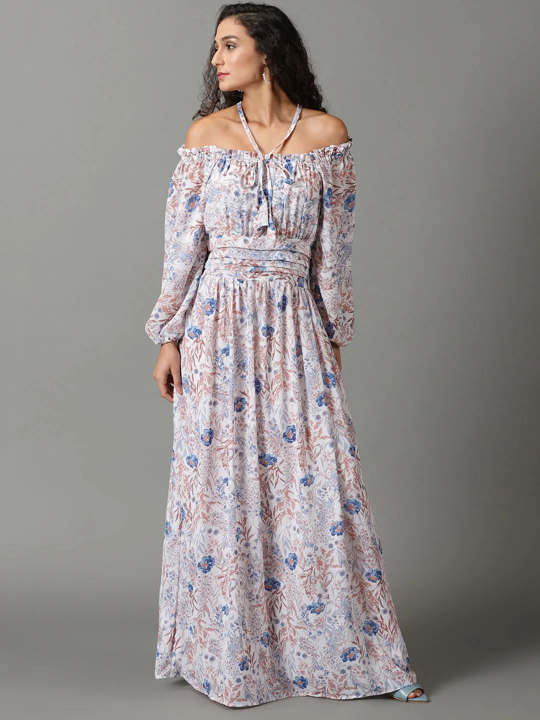 Women's White Floral Printed Off-Shoulder Puff Sleeves Gathered Fit & Flare Maxi Dress Bright Appeal