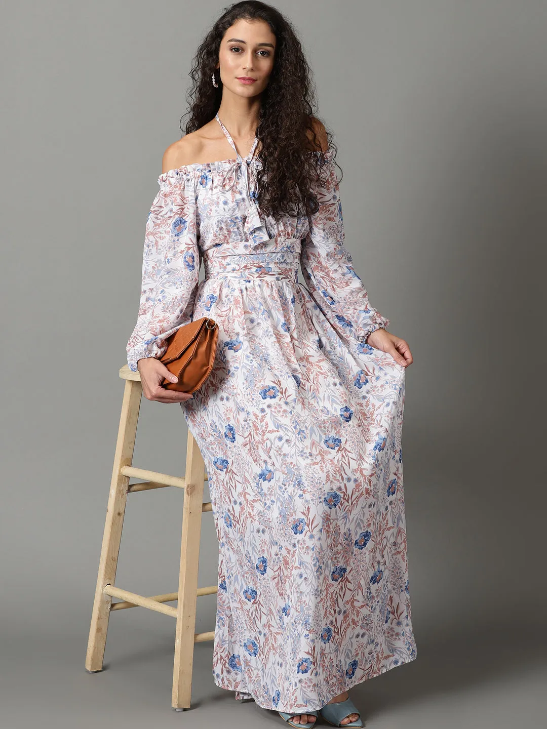 Women's White Floral Printed Off-Shoulder Puff Sleeves Gathered Fit & Flare Maxi Dress Season Ready