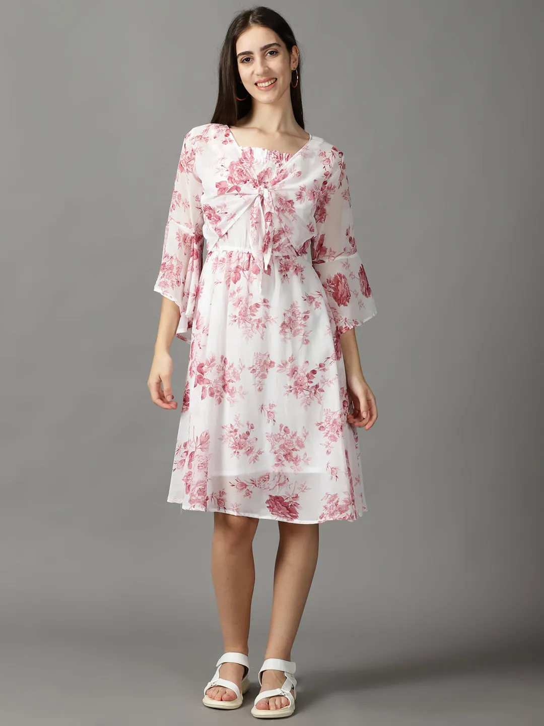 Satin-Finish Women's White Floral Printed Tie-Up Detailed A-Line Dress