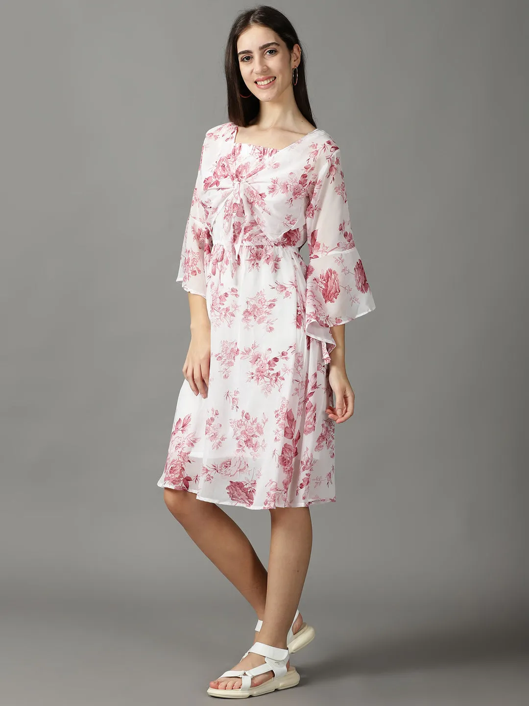 Influencer-Style Chic Rhythm Women's White Floral Printed Tie-Up Detailed A-Line Dress