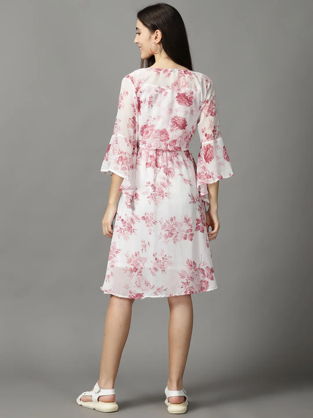 Fast Chic Square Neck Women's White Floral Printed Tie-Up Detailed A-Line Dress