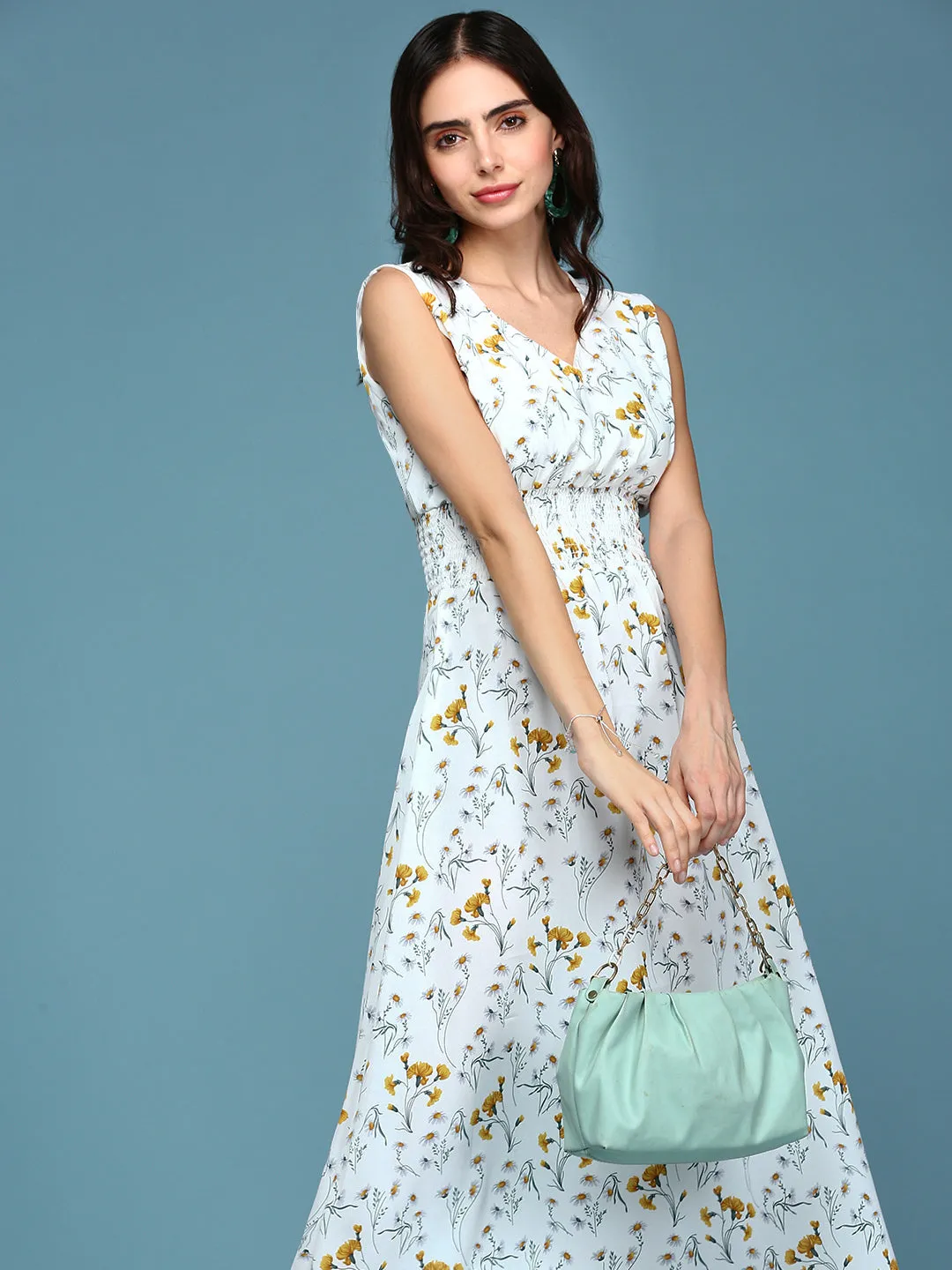 Smooth Layers Gentle Stitch Women's White Floral V-Neck Polyester A-Line Midi Dress