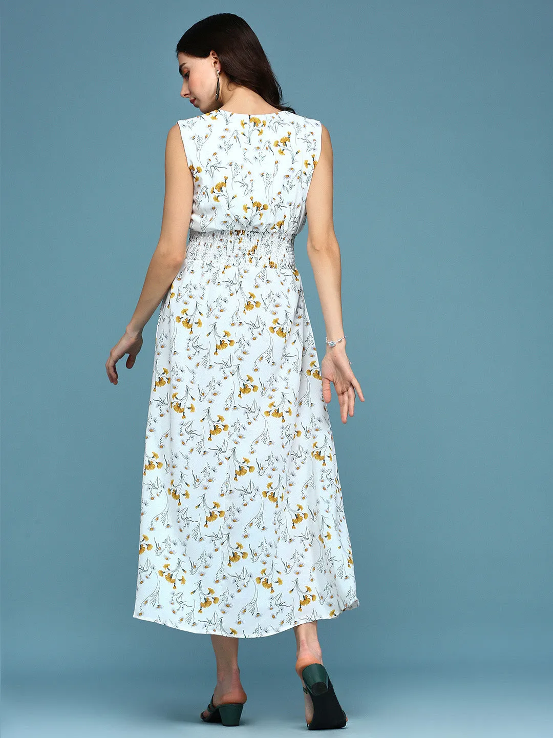 Women's White Floral V-Neck Polyester A-Line Midi Dress Shiny surface