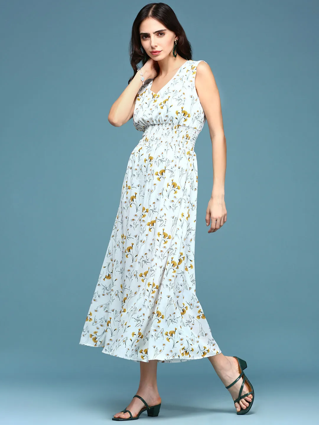 Trendy Comfort Classic and Modern Women's White Floral V-Neck Polyester A-Line Midi Dress