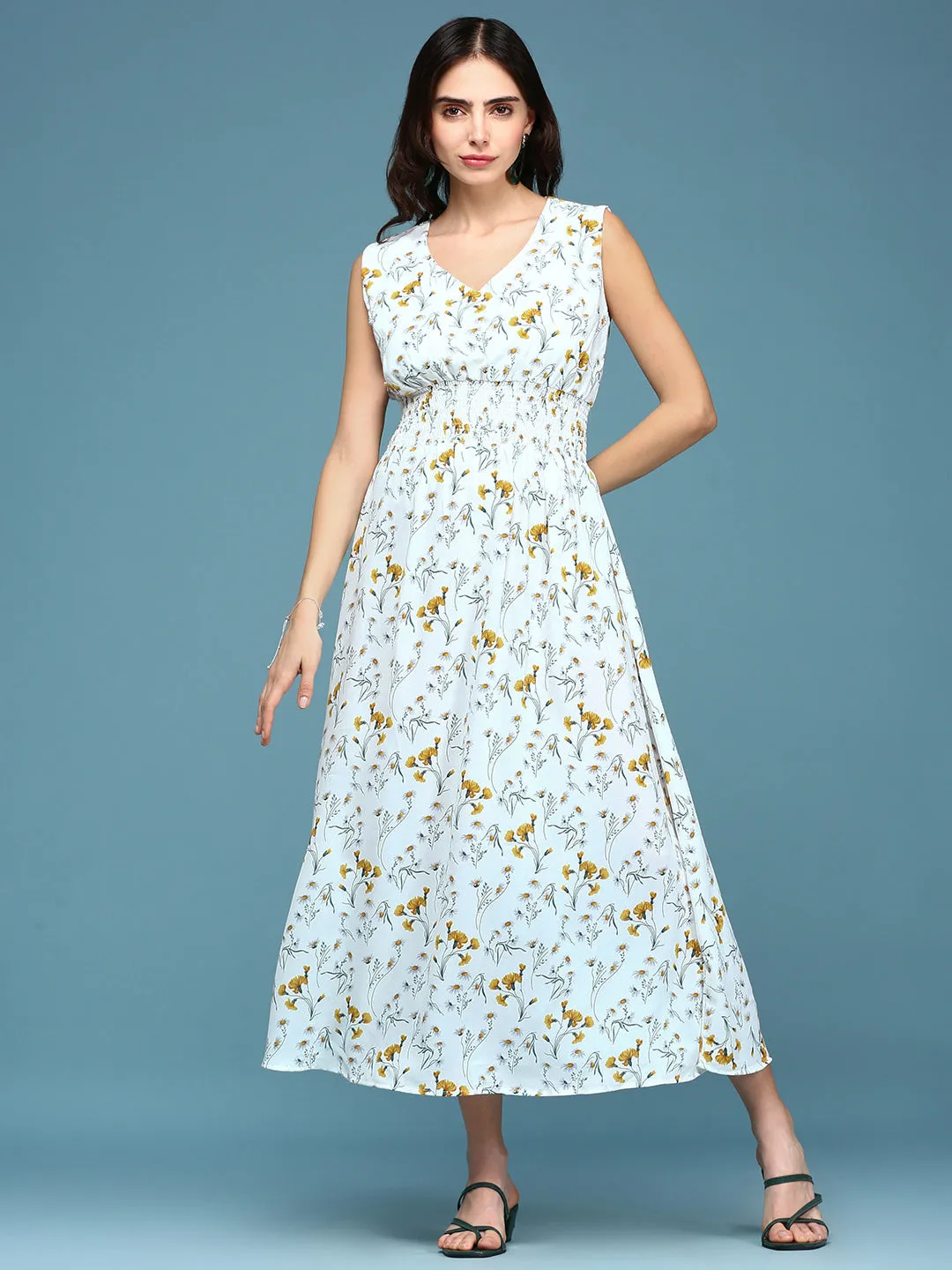 Women's White Floral V-Neck Polyester A-Line Midi Dress Airy Layer Modern Waist