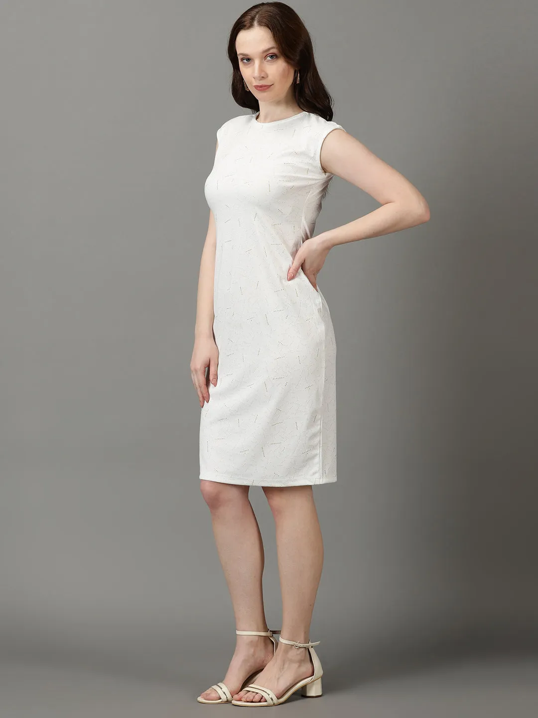 Women's White Geometric Printed Cap Sleeves Sheath Dress Trend Glow Birthday-Celebration