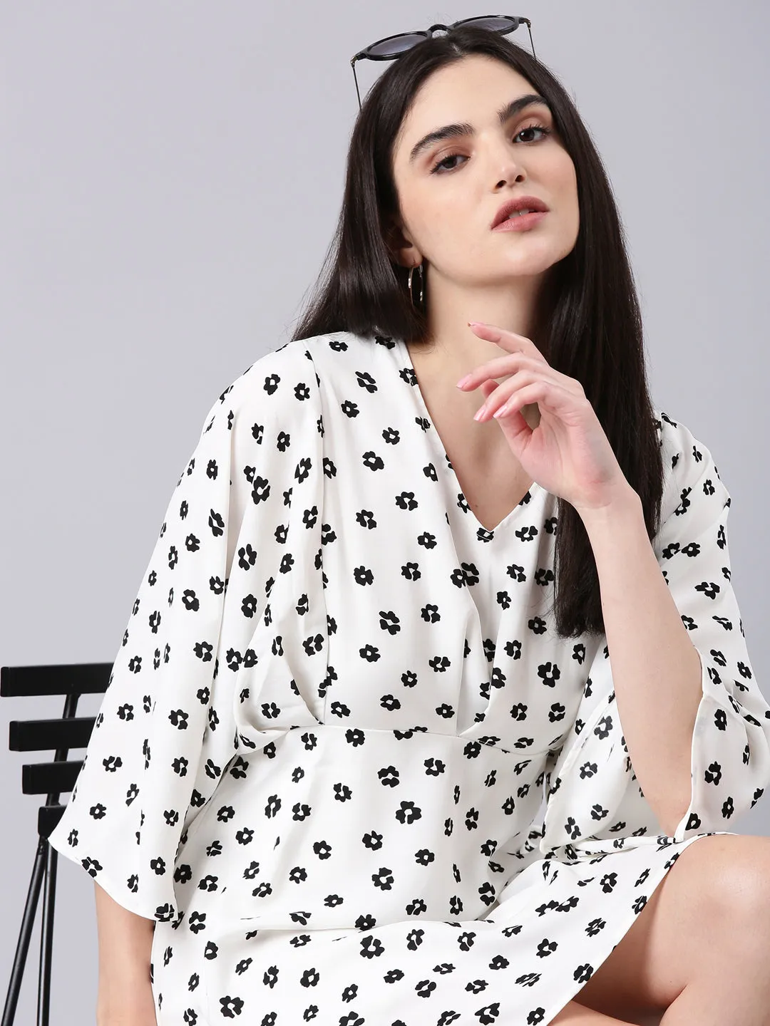 Women's White Geometric Printed V-Neck Flared Sleeves Cotton A-Line Dress Semi Casual