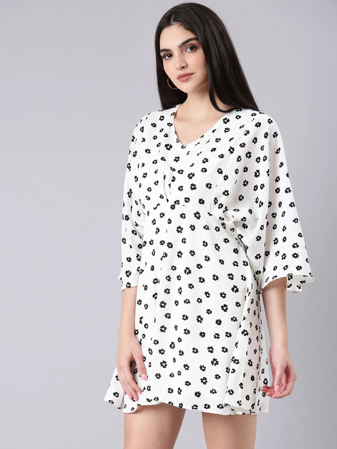 Bare Glow Fashionable Touch Women's White Geometric Printed V-Neck Flared Sleeves Cotton A-Line Dress