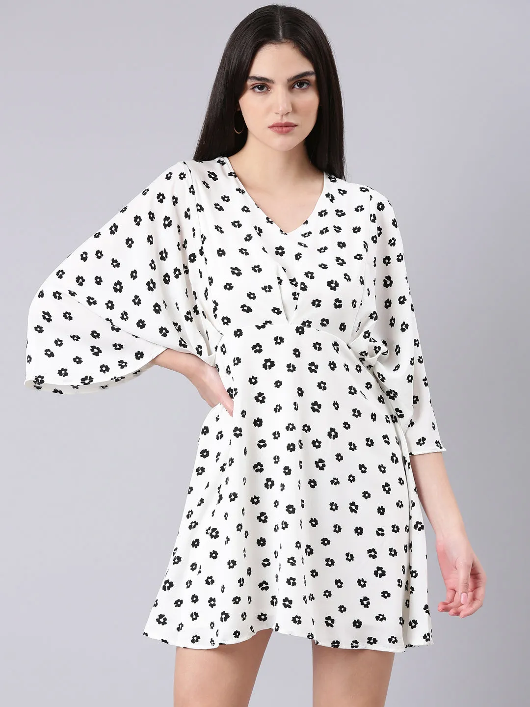 Smooth Motion All Day Ready Women's White Geometric Printed V-Neck Flared Sleeves Cotton A-Line Dress