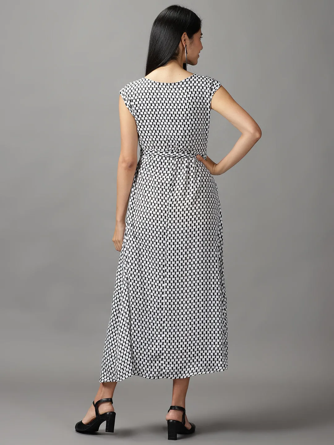 Women's White Geometrical Chiffon Fit & Flare Dress Bright Petal Gentle Fit