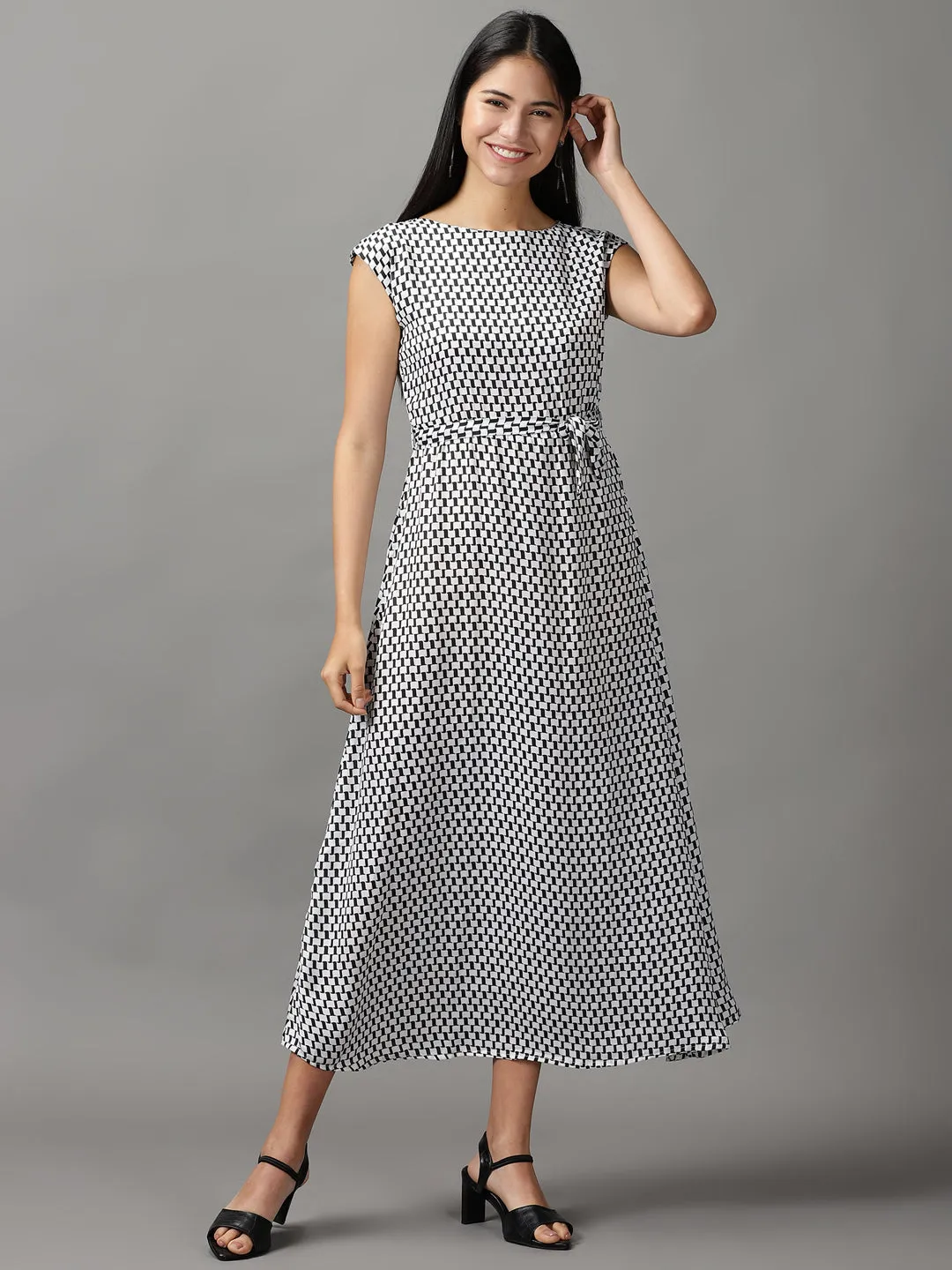 Body Safe Women's White Geometrical Chiffon Fit & Flare Dress