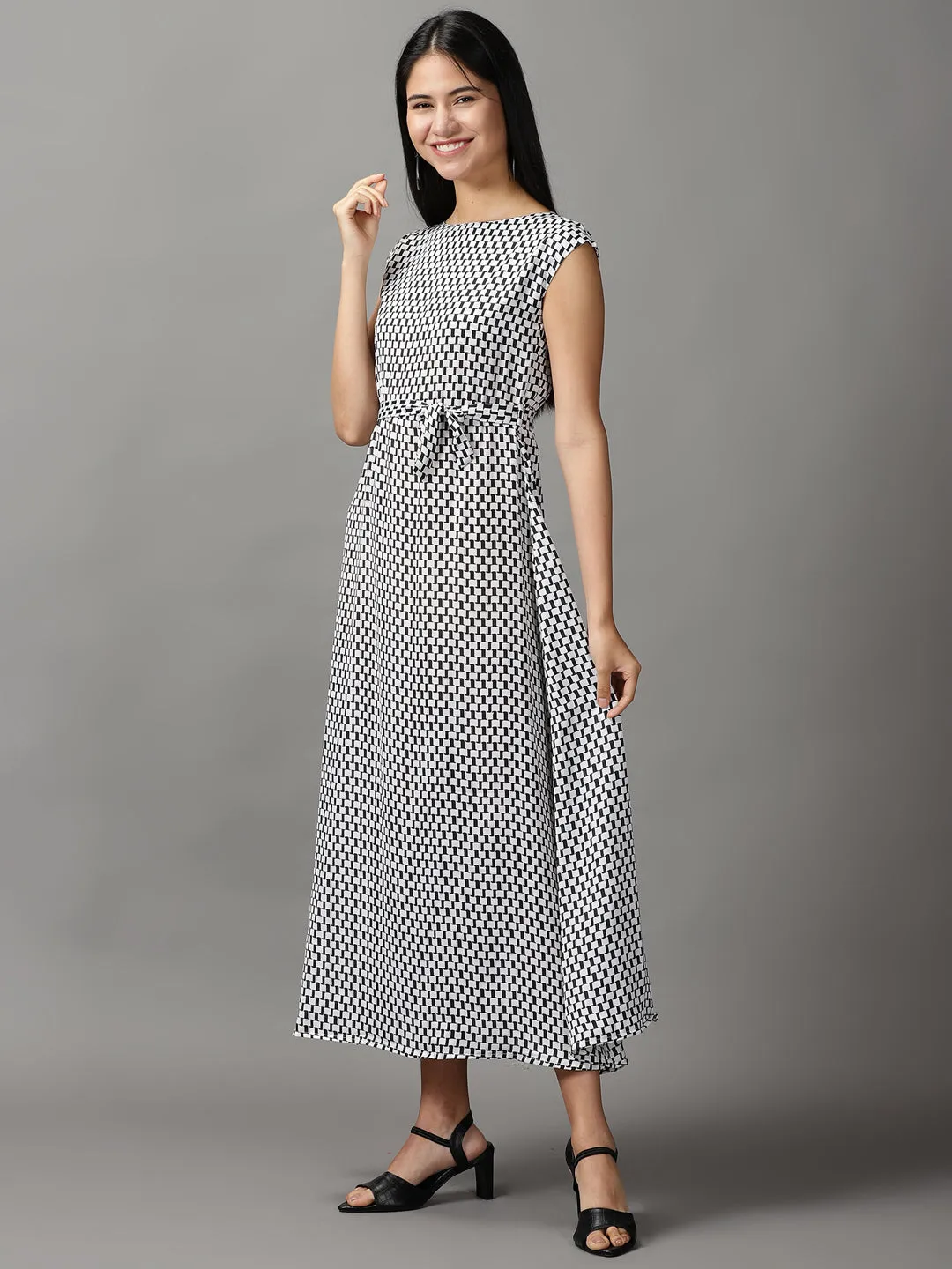 Travel piece All-Occasion Wear Women's White Geometrical Chiffon Fit & Flare Dress