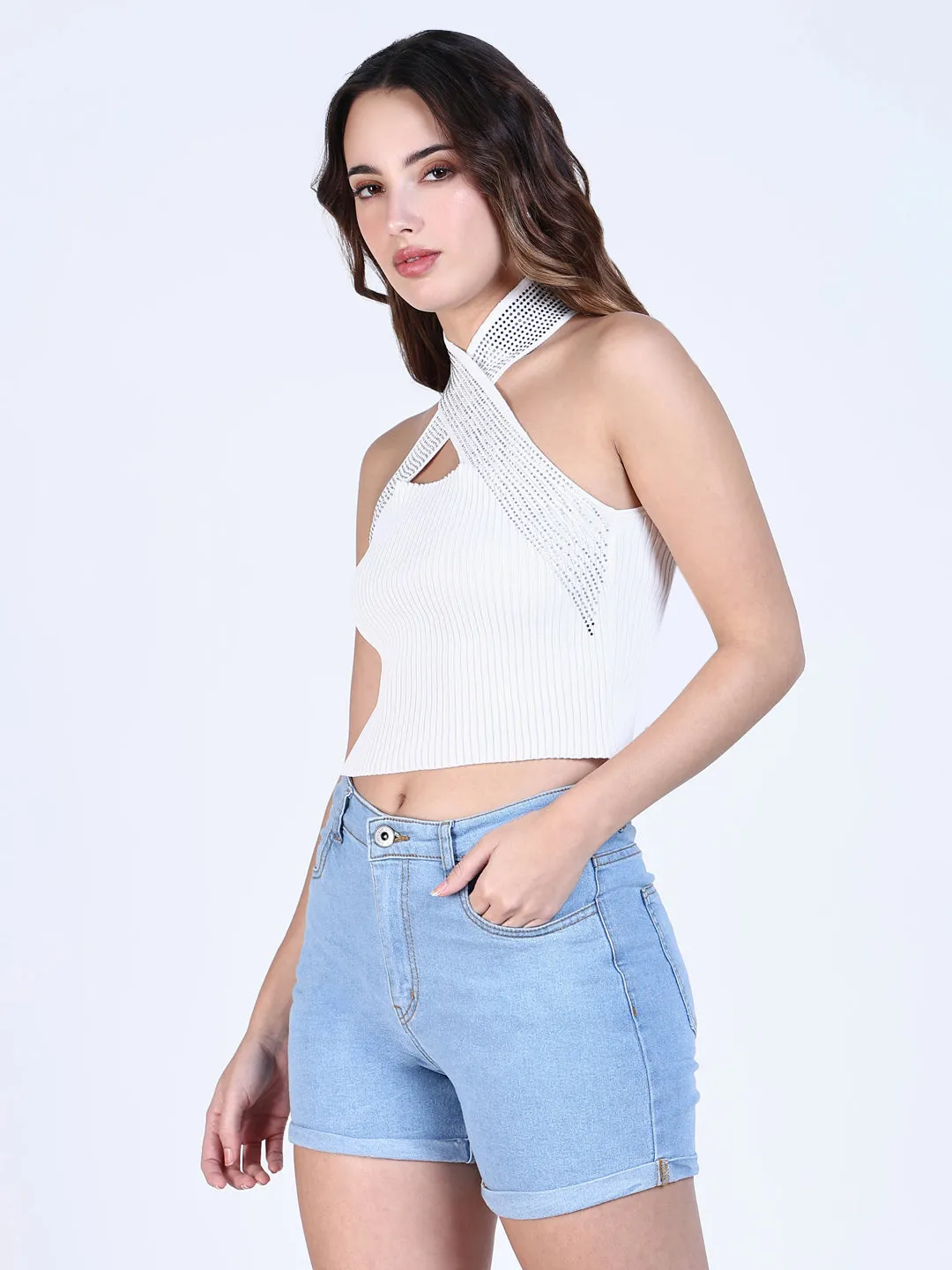 Garment Washed Texture Women's White Halter Neck Fitted Crop Top
