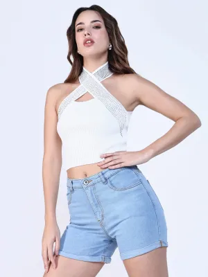 Modern Casual Women's White Halter Neck Fitted Crop Top