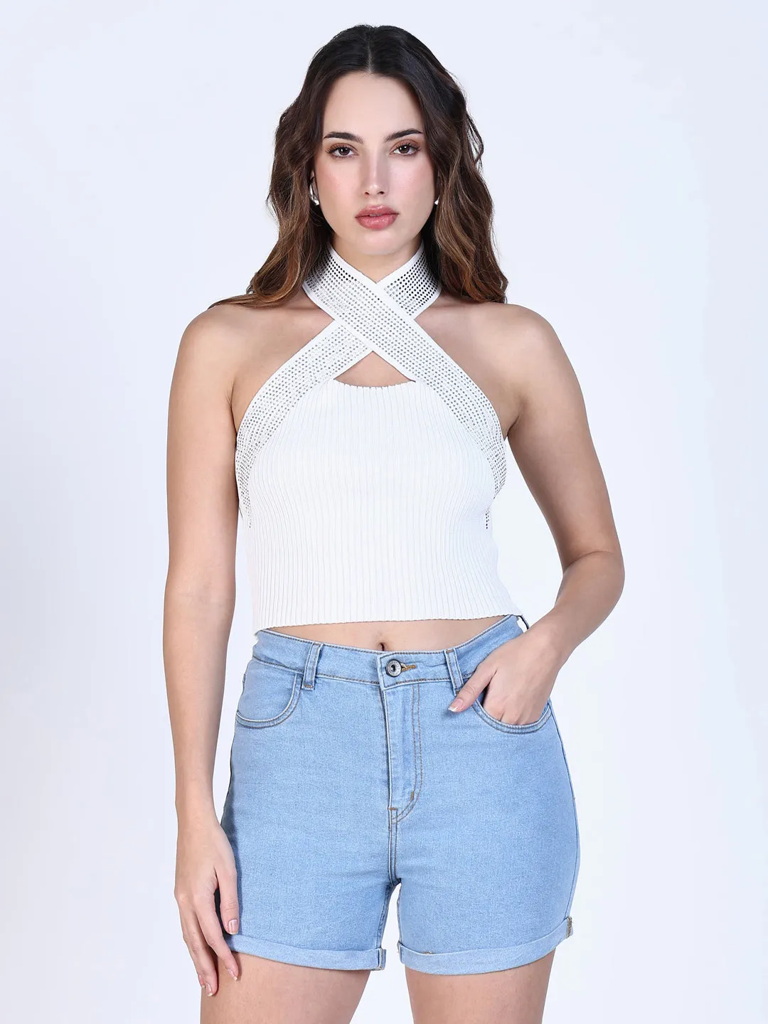 Women's White Halter Neck Fitted Crop Top Versatile Layering Piece Chic Wearable