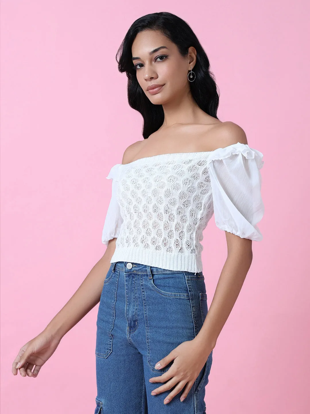 Women's White Off-Shoulder Puff Sleeve Crochet Blouson Crop Top ComfortFirst