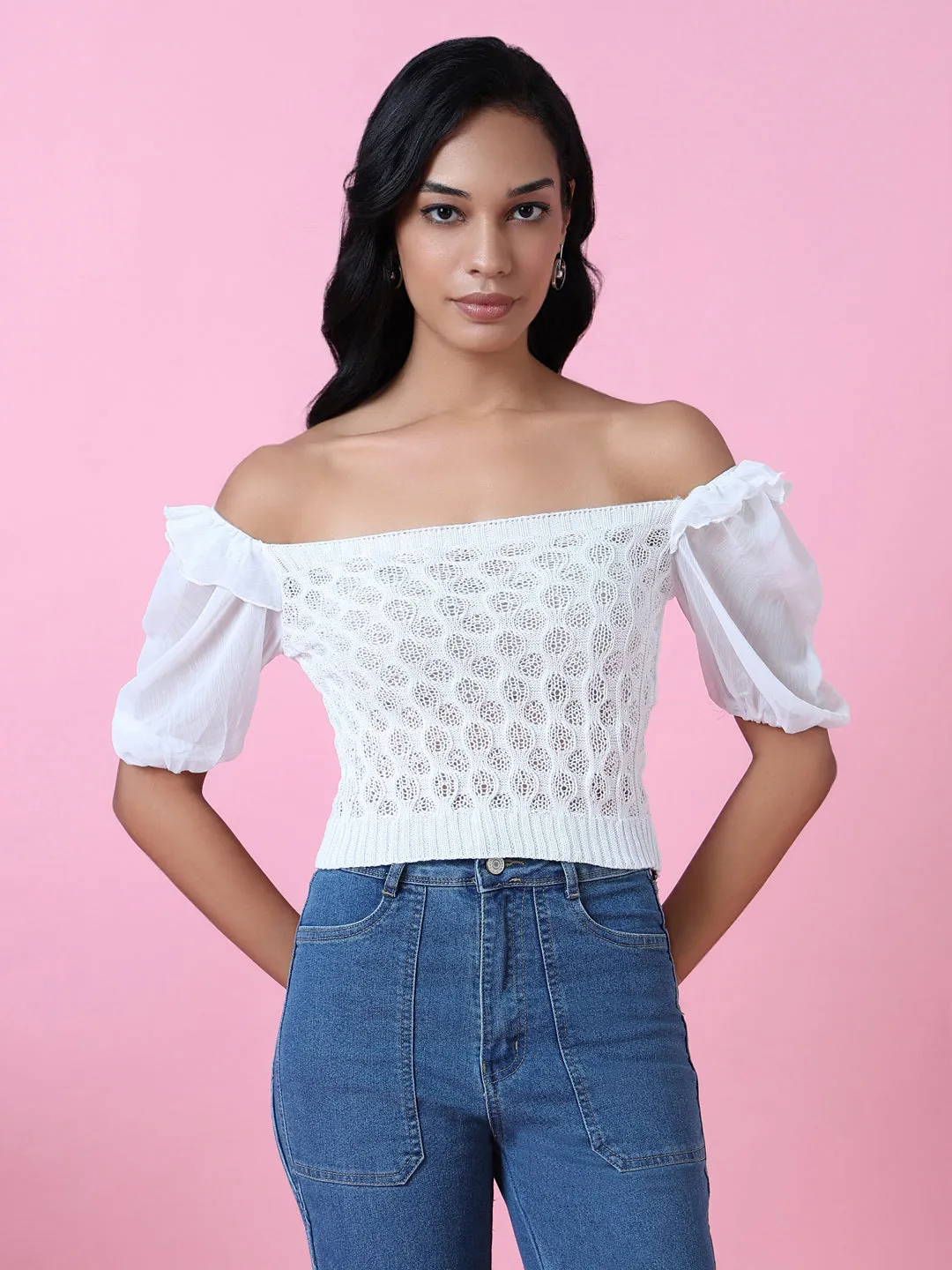 Non Restrictive Cut Breathable Fit Women's White Off-Shoulder Puff Sleeve Crochet Blouson Crop Top