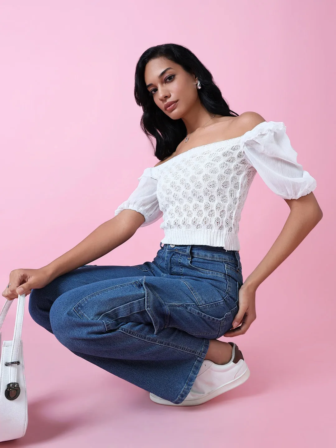 Bold Look UltraSoftBrushedInterior Women's White Off-Shoulder Puff Sleeve Crochet Blouson Crop Top