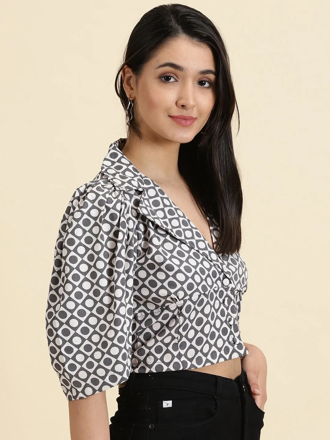 Women's White Polka Dots Printed Shirt Style Crop Top Soft Finish