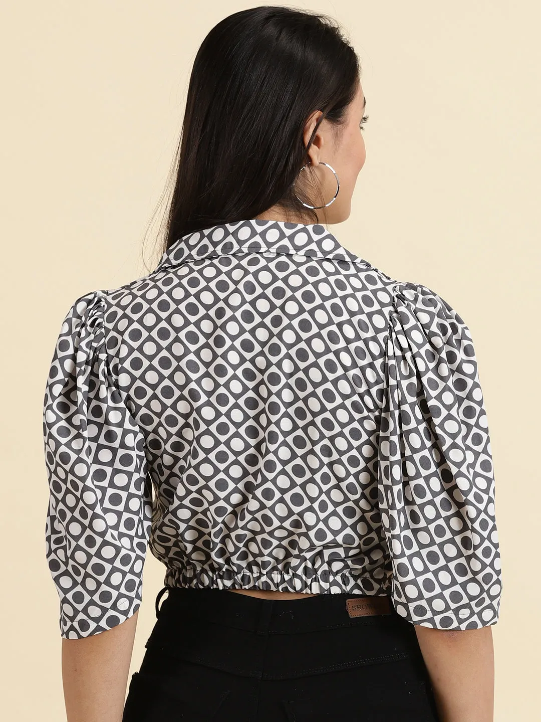 Summer Comfort Women's White Polka Dots Printed Shirt Style Crop Top