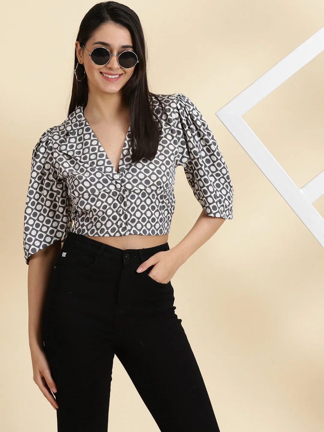 Active Trend Look Women's White Polka Dots Printed Shirt Style Crop Top
