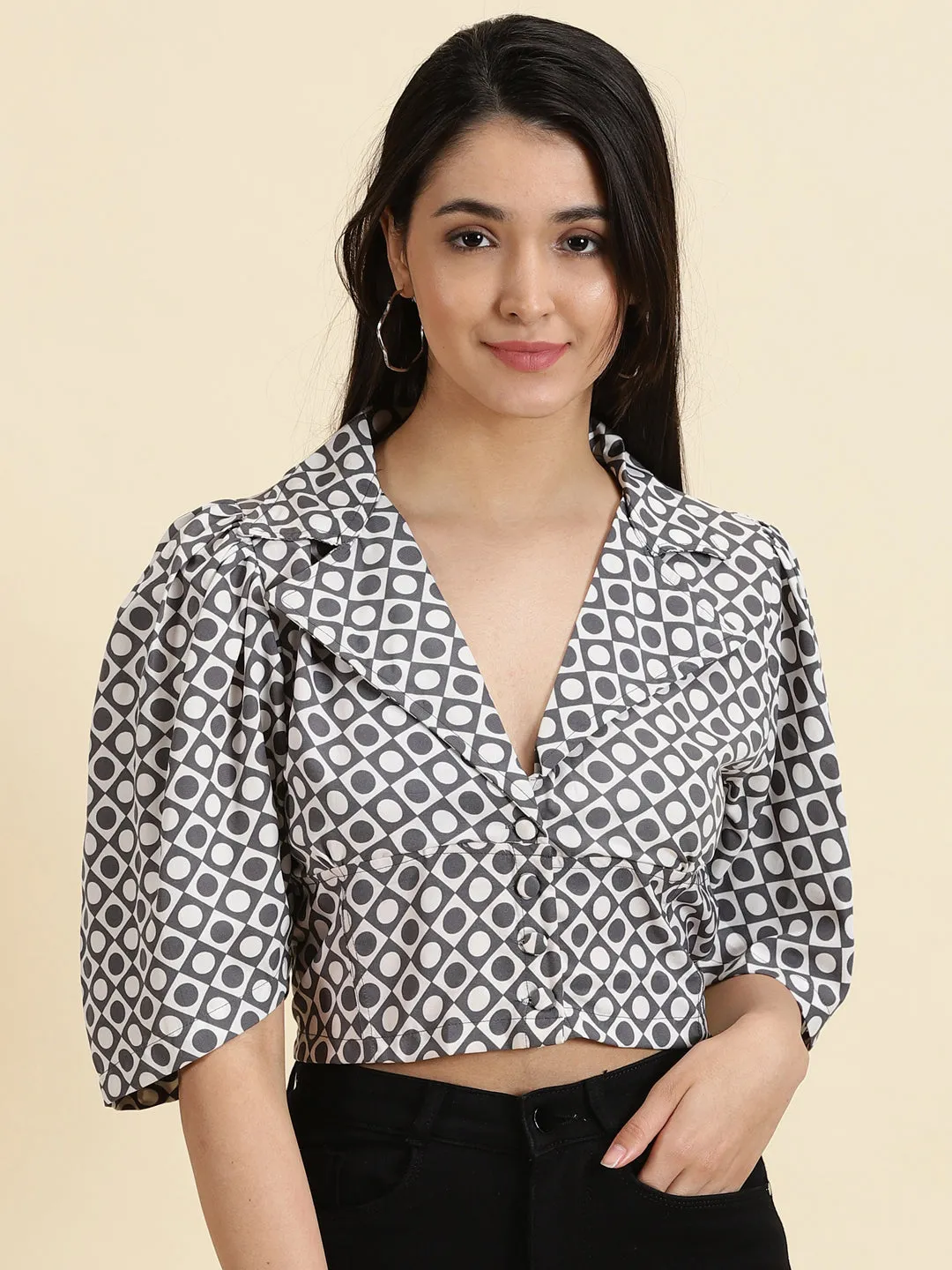 Women's White Polka Dots Printed Shirt Style Crop Top NonIronTechnology