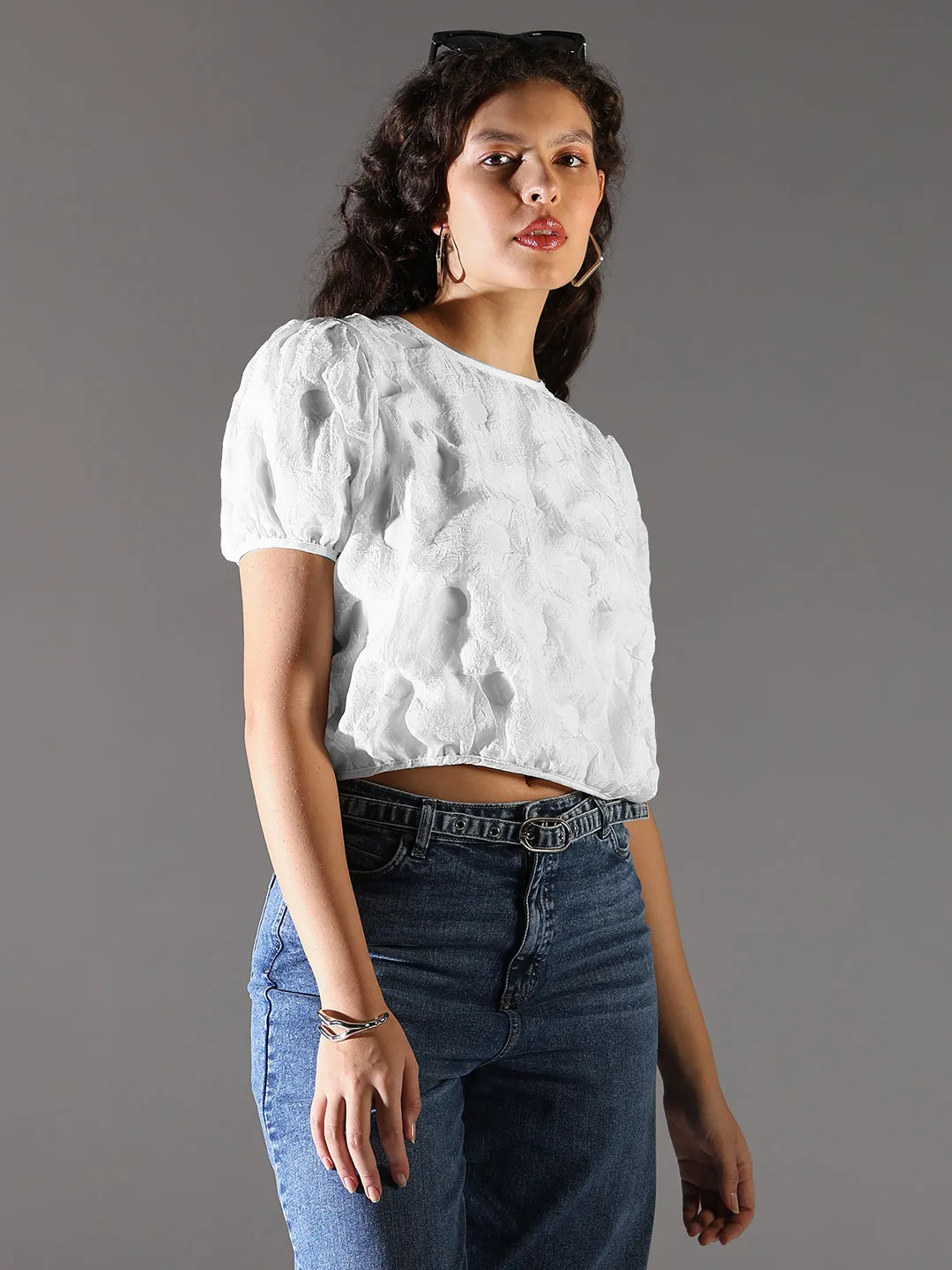 Women's White Puff Sleeve Chiffon Crop Top Short Sleeve Layered Hem Detail